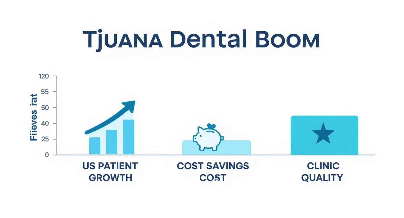 Infographic illustrating Tijuana dental boom with US patient growth, cost savings, and clinic quality.