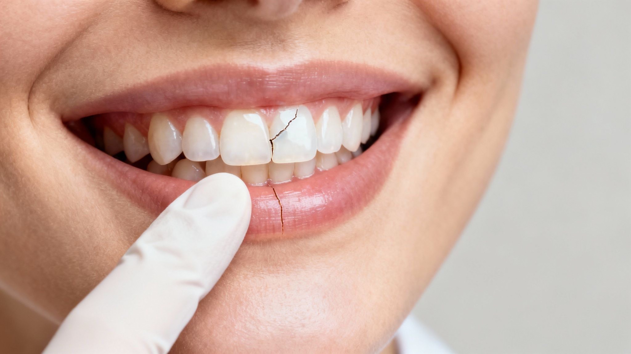 A close-up of a person's smile, showing healthy gums and well-maintained veneers.