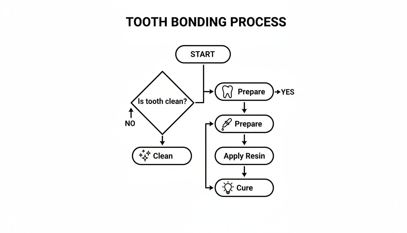 A flowchart illustrating the tooth bonding process, including cleaning, preparation, resin application, and curing steps.