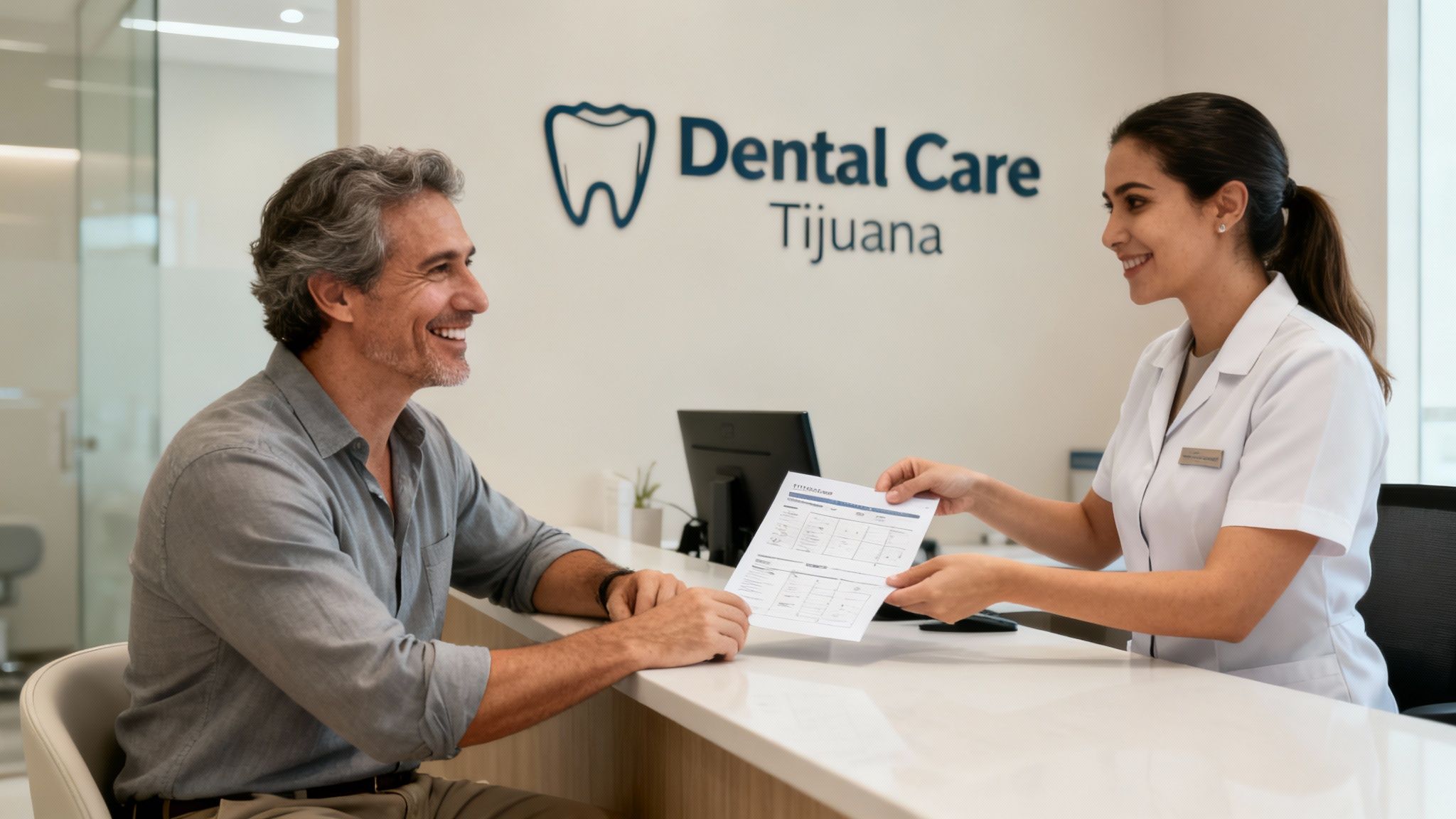 Smiling man receiving documents from a friendly receptionist at a modern dental clinic.