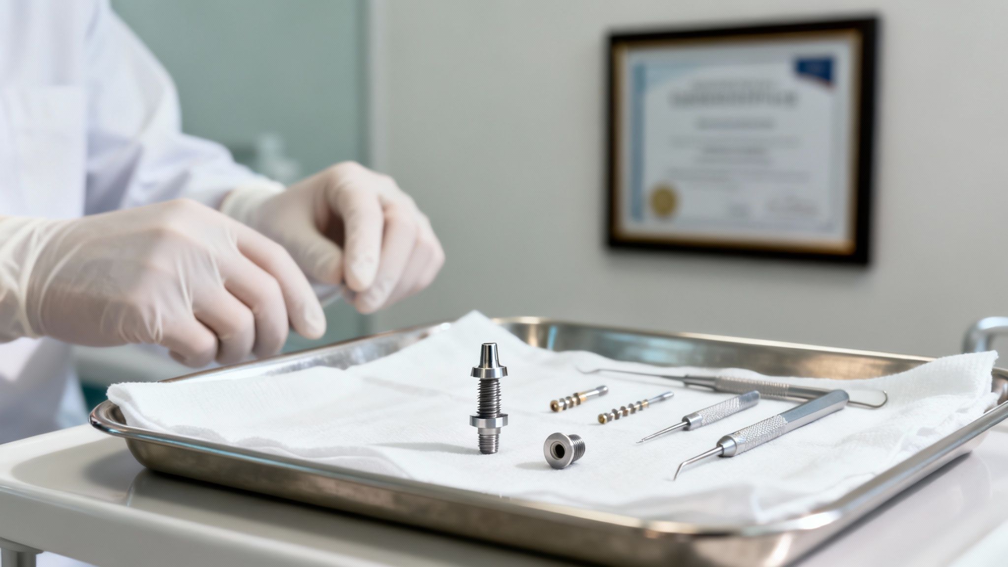 A dentist's gloved hands prepare a tray with various dental implant components and tools.