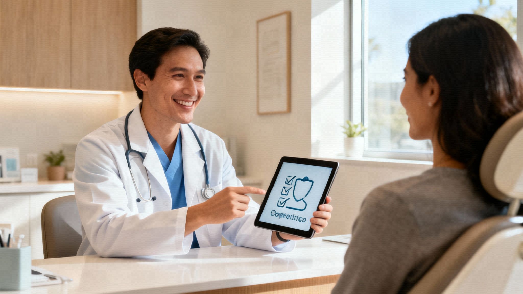 Smiling doctor showing a tablet with 'Completion' and checklist icons to a patient.