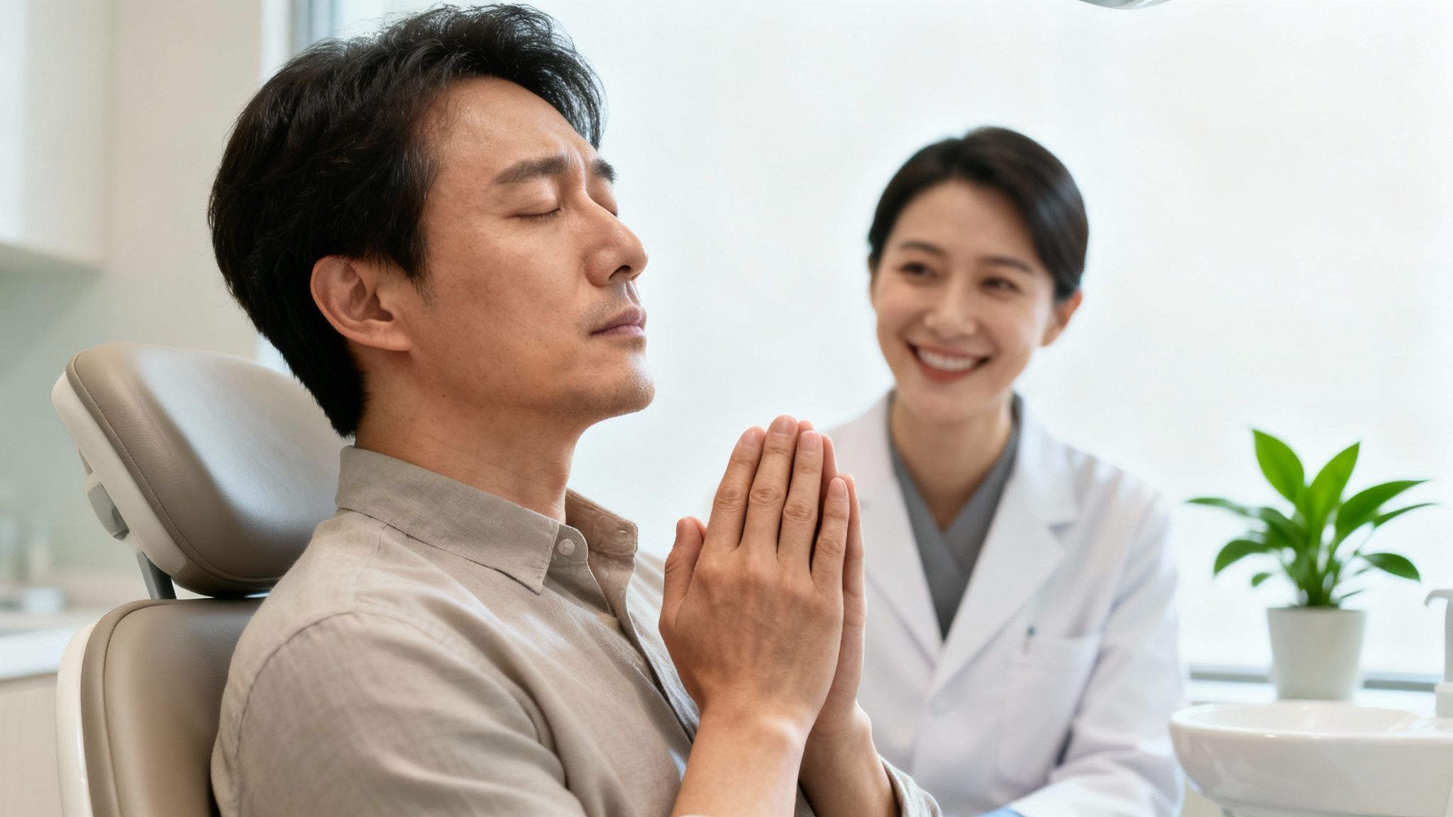 A man in a dental chair with closed eyes and clasped hands, a smiling dentist in the background.