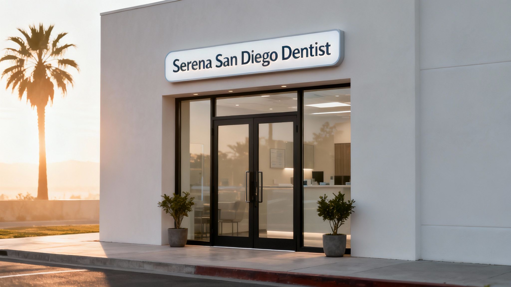 Modern dental office exterior with a glowing sign, glass doors, and a palm tree at sunset.