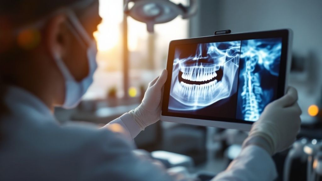 Dentist examining a patient's x-ray on a tablet.