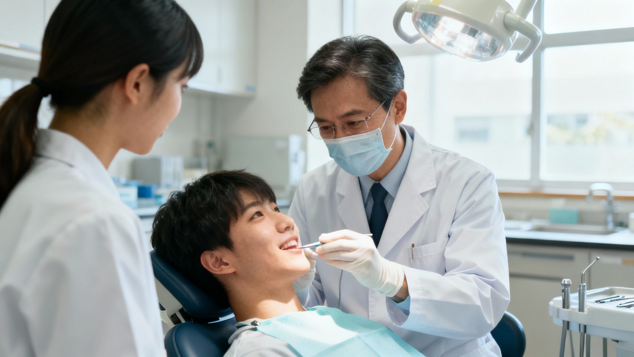 Dentist examining young male patient in modern dental clinic with assistant observing treatment