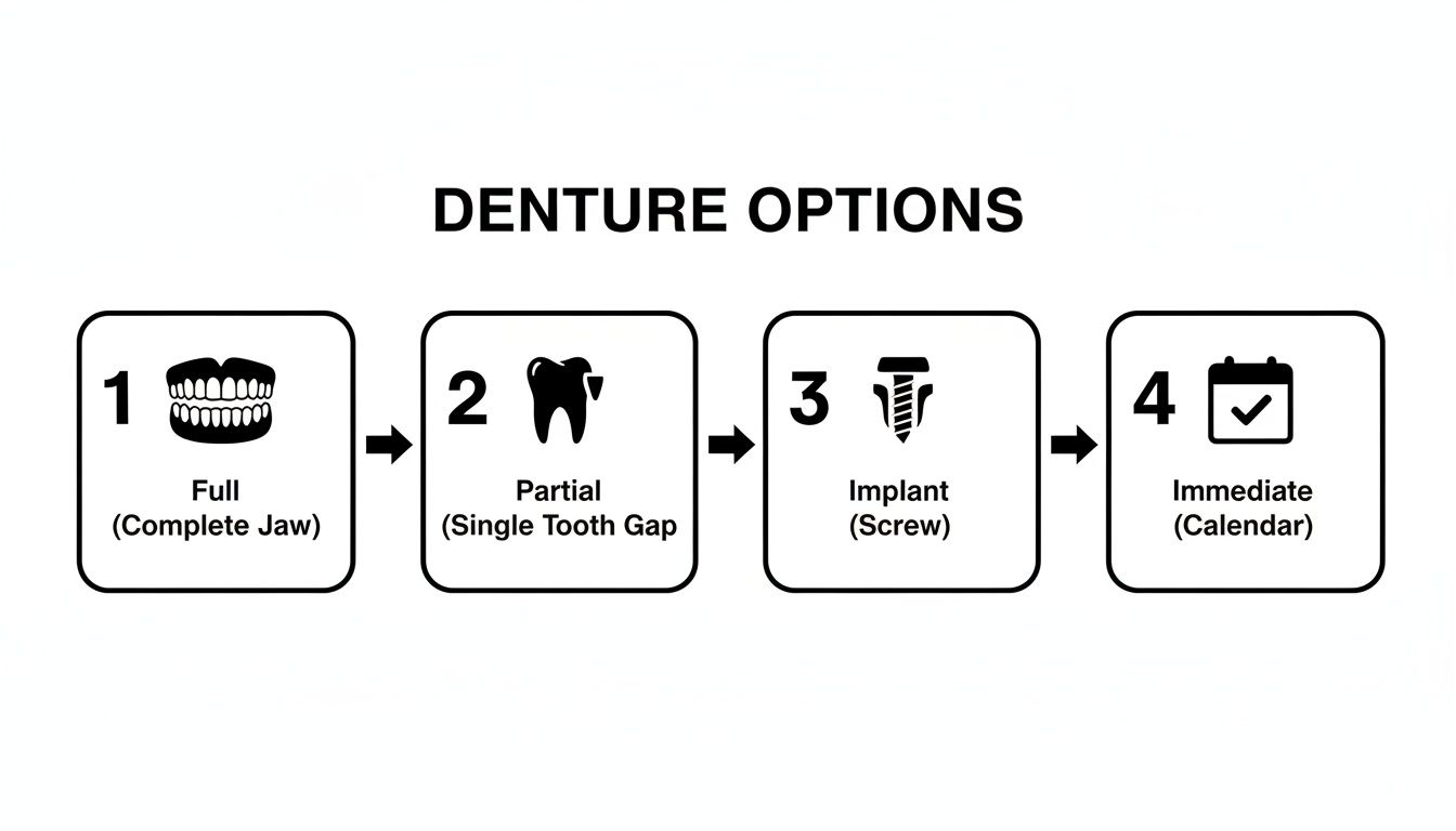 An infographic showcasing four denture options: Full, Partial, Implant, and Immediate, with corresponding icons.