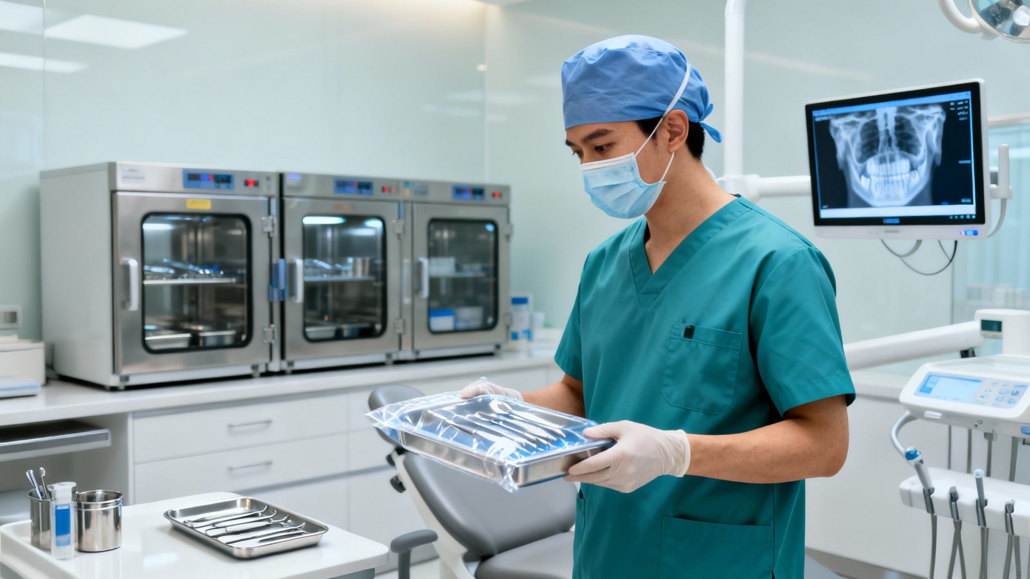 A dental professional in scrubs and mask holds sterilized instruments in a modern dental clinic.