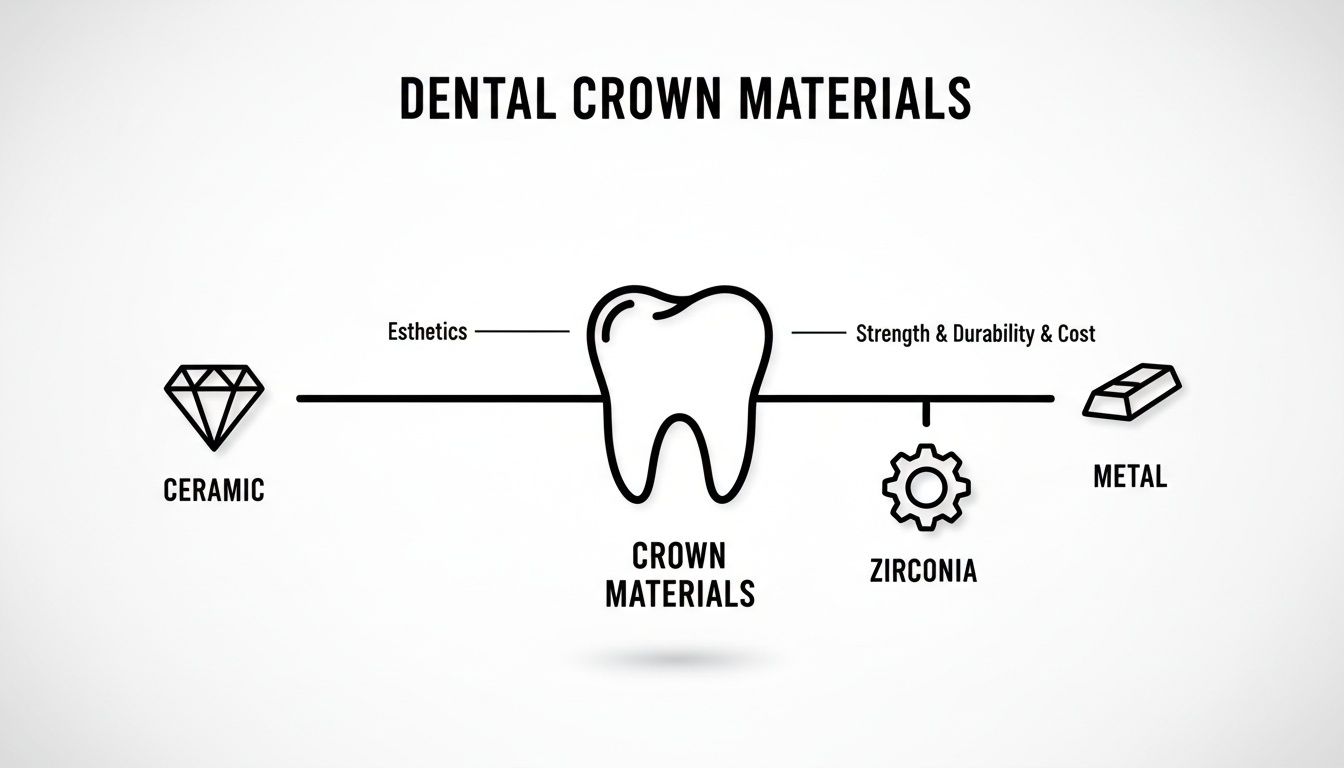 Infographic illustrating dental crown materials: Ceramic for esthetics, Zirconia and Metal for strength, durability, and cost.