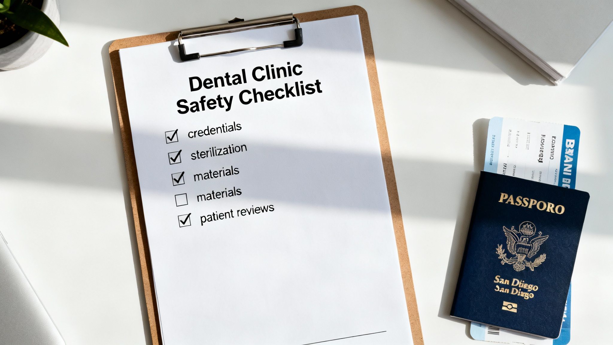 A detailed checklist being reviewed by a patient in a modern dental clinic setting.