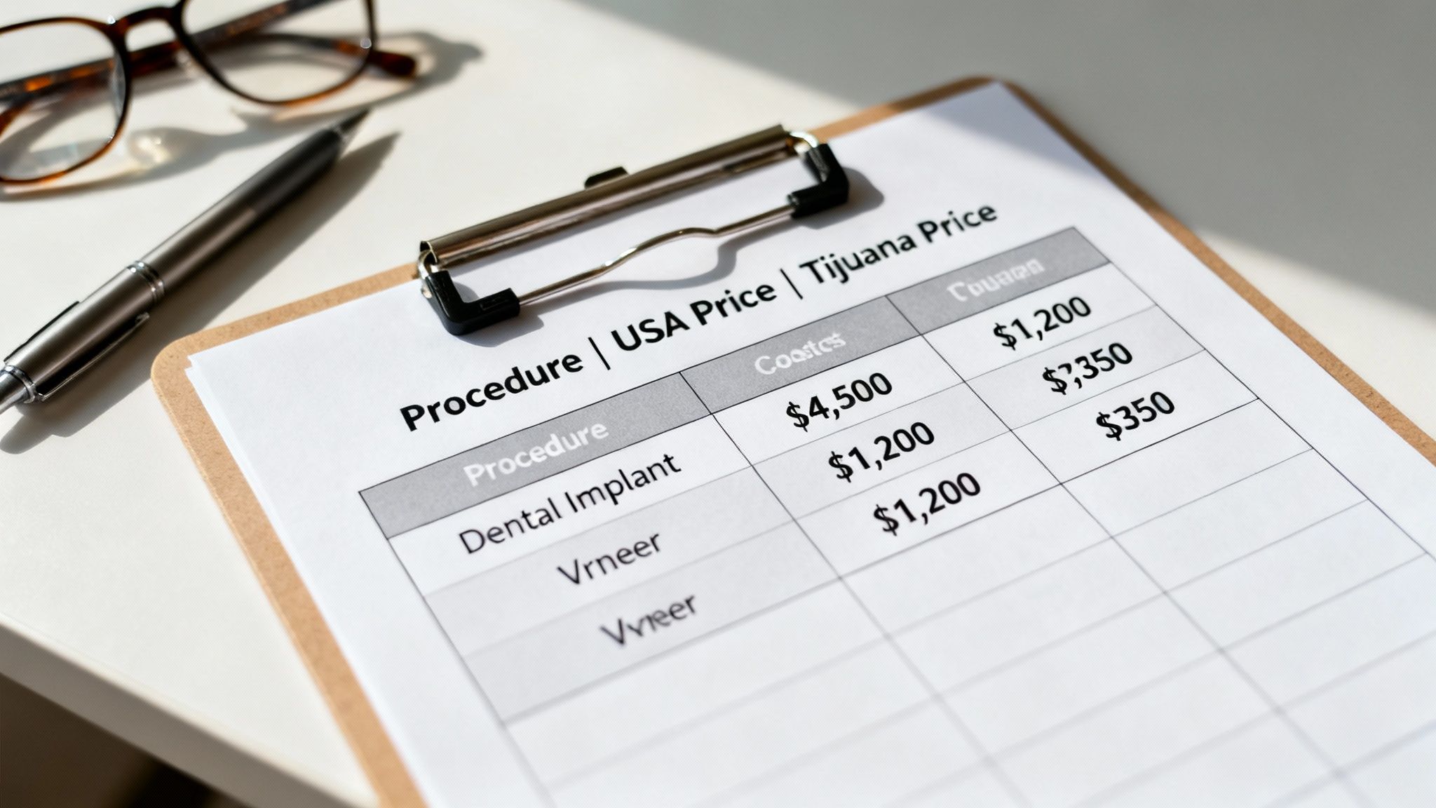 A document on a clipboard comparing dental procedure prices in the USA and Tijuana, with a pen and glasses nearby.