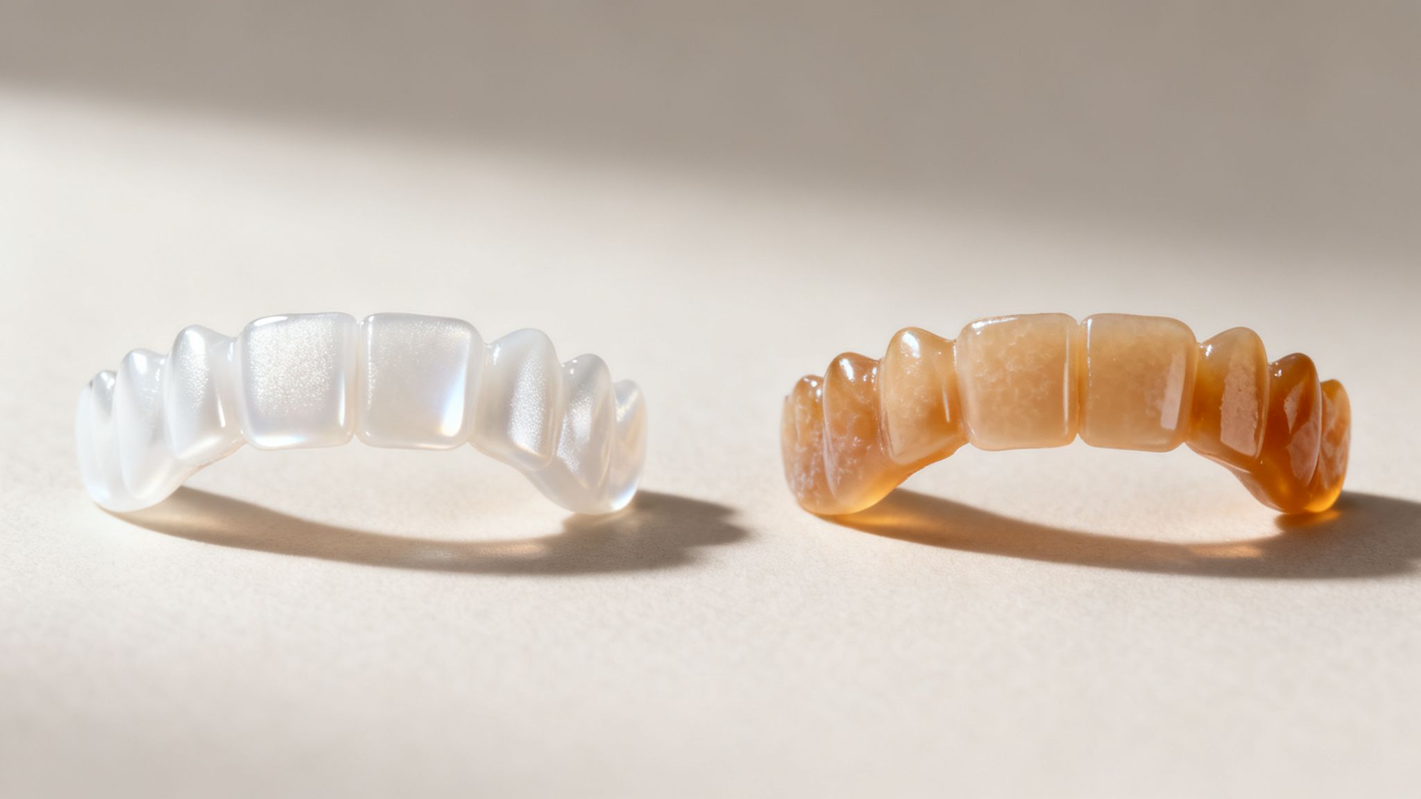 Two dental aligners, one clear and one amber, resting on a light surface with shadows.