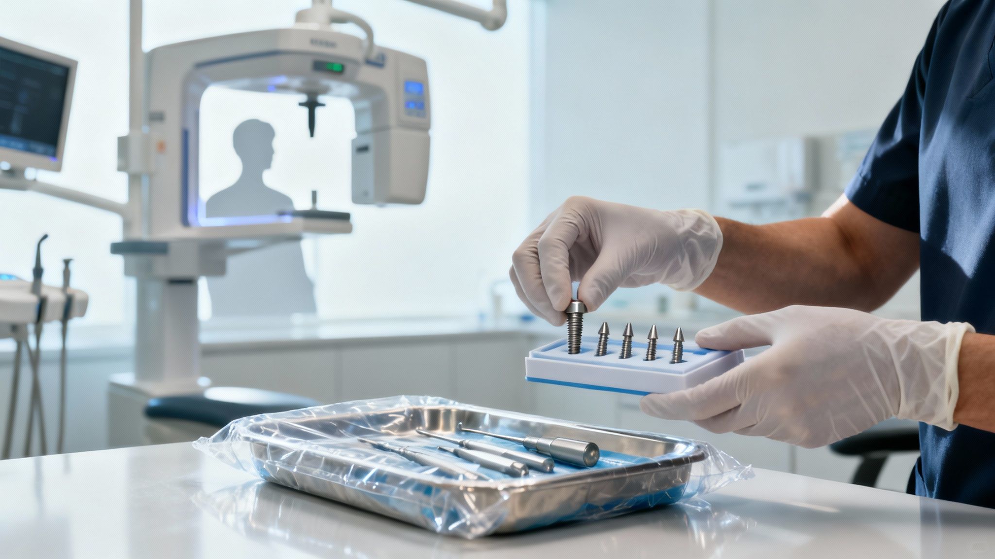 Dental professional handling dental implants in sterile clinical environment with modern equipment