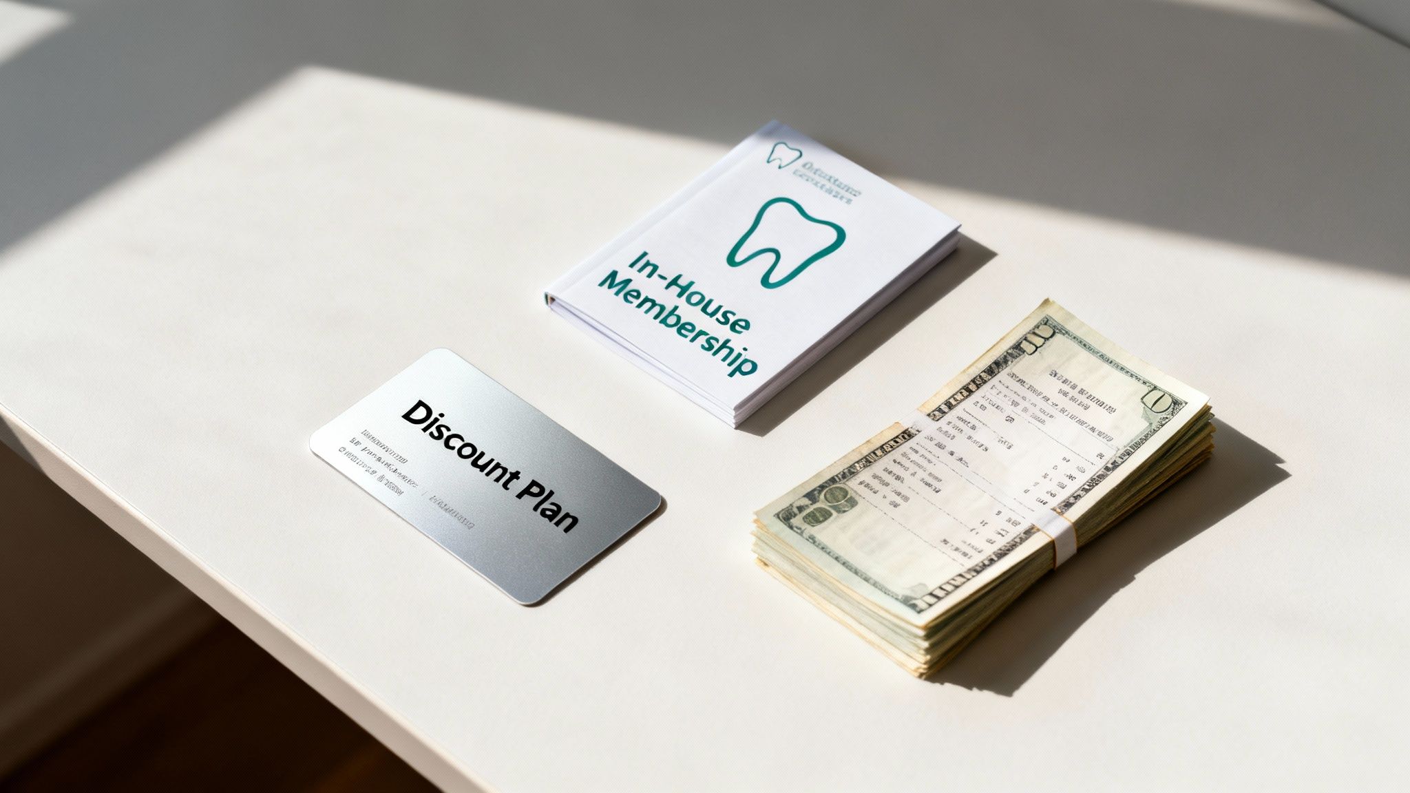 A dental discount plan card, an in-house membership booklet, and a stack of cash on a white table.