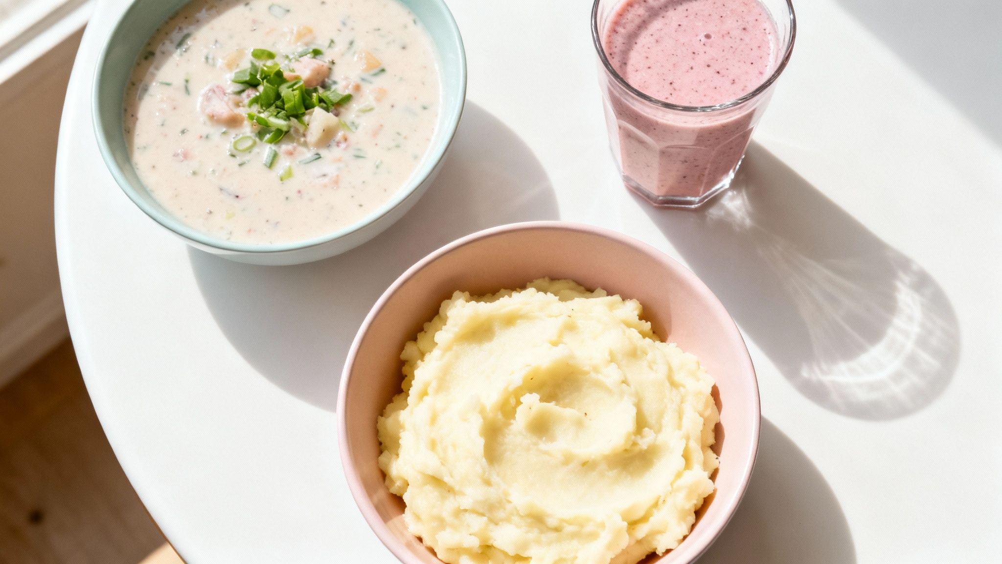 A bowl of creamy soup with a spoon, representing soft foods for after tooth extraction.