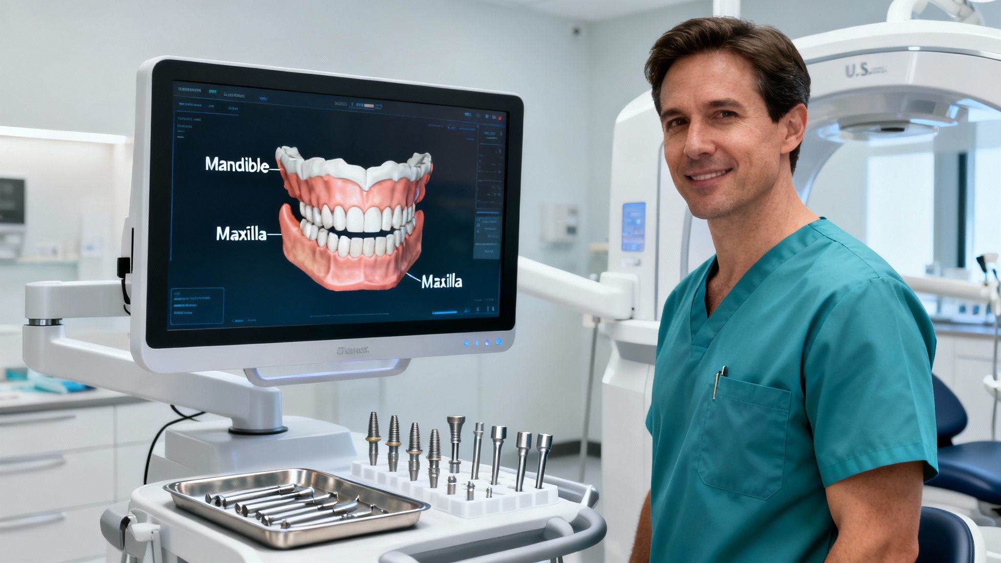 Smiling dentist in a modern clinic with digital jaw display and various dental implants.