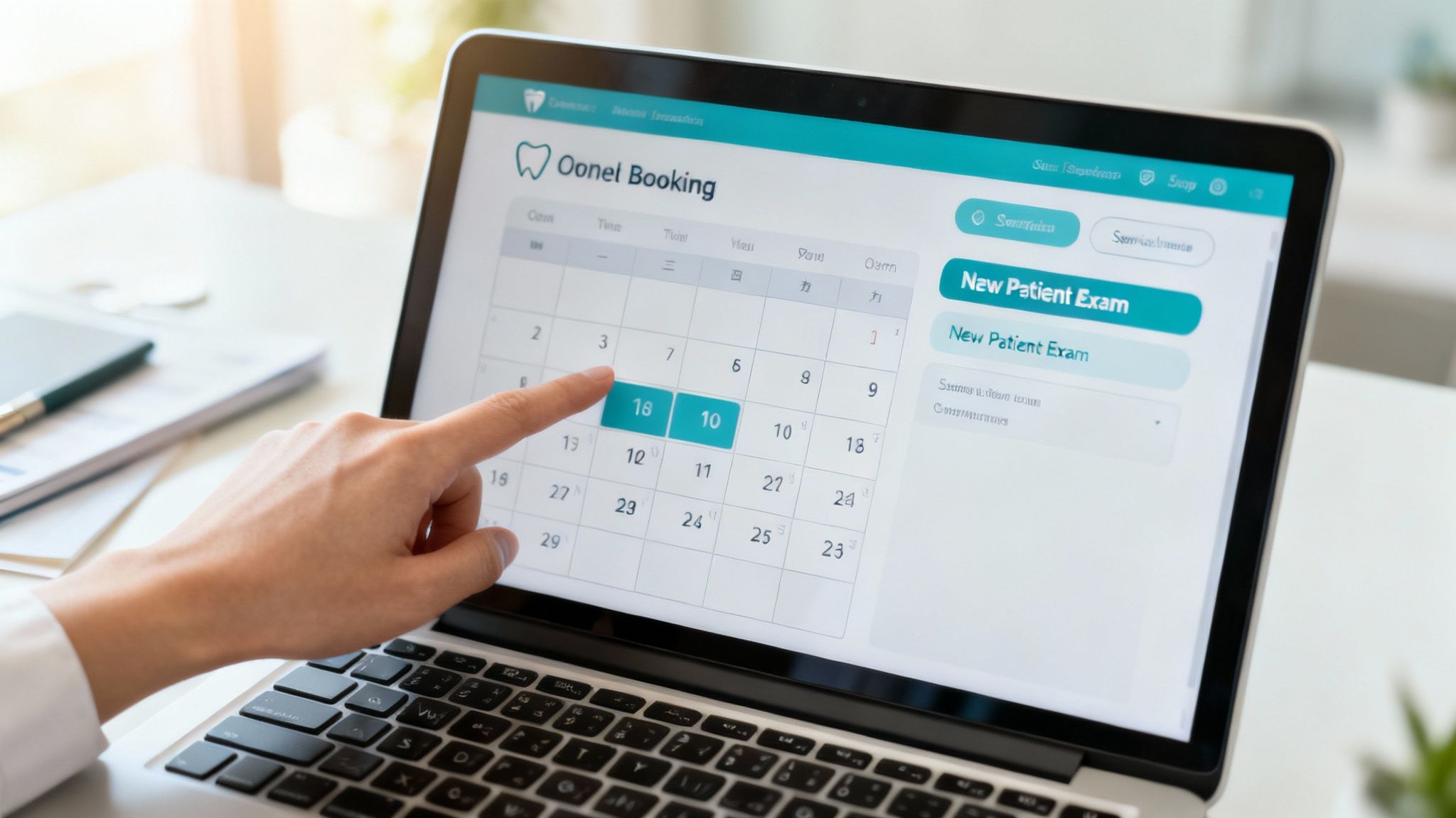 Dentist office receptionist on the phone scheduling a patient appointment