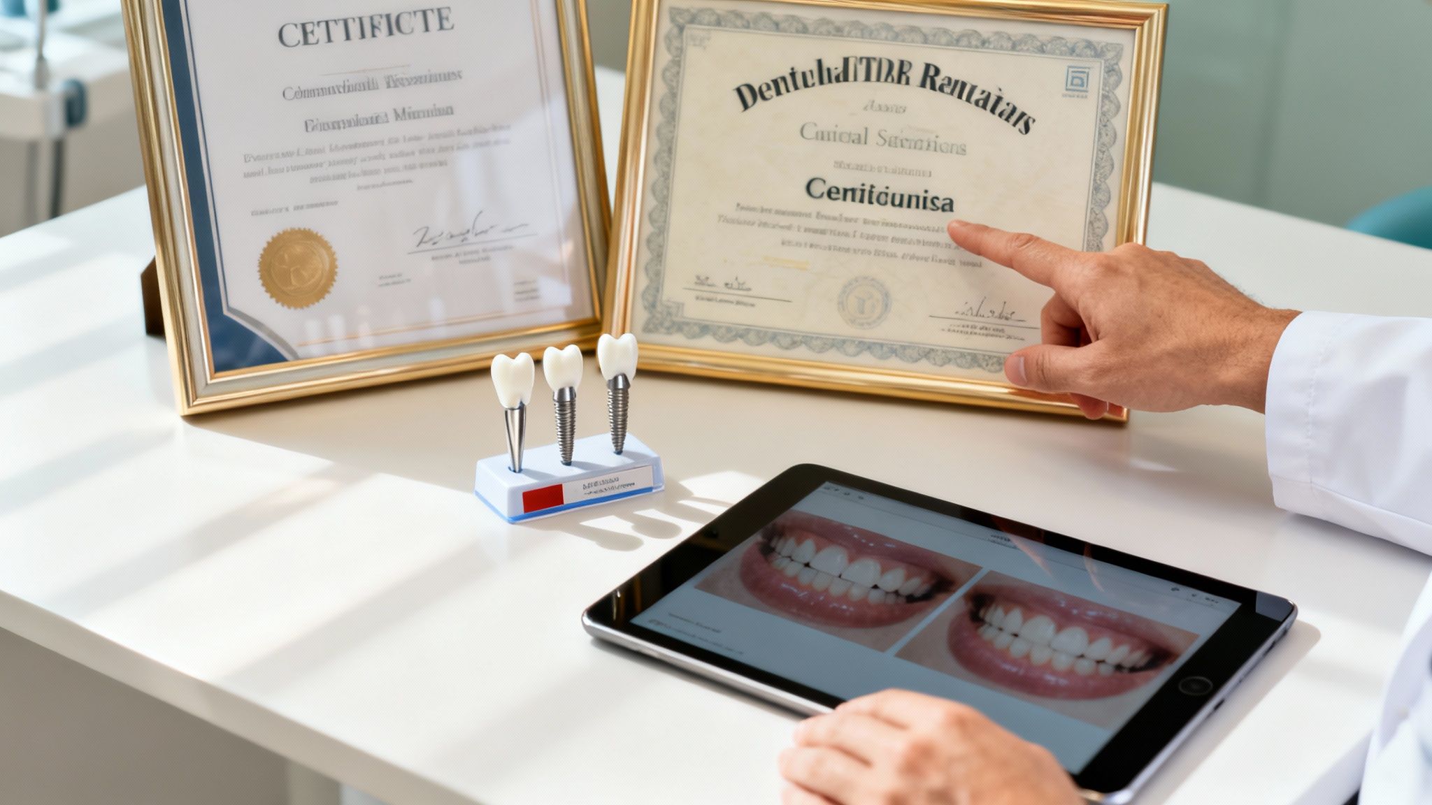 A dentist's office desk with framed certificates, dental implants, and a tablet showing smile transformations.