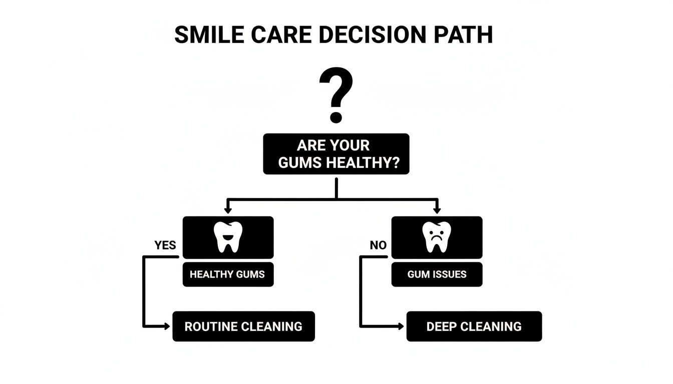 Flowchart guiding smile care decisions: healthy gums lead to routine cleaning, gum issues to deep cleaning.