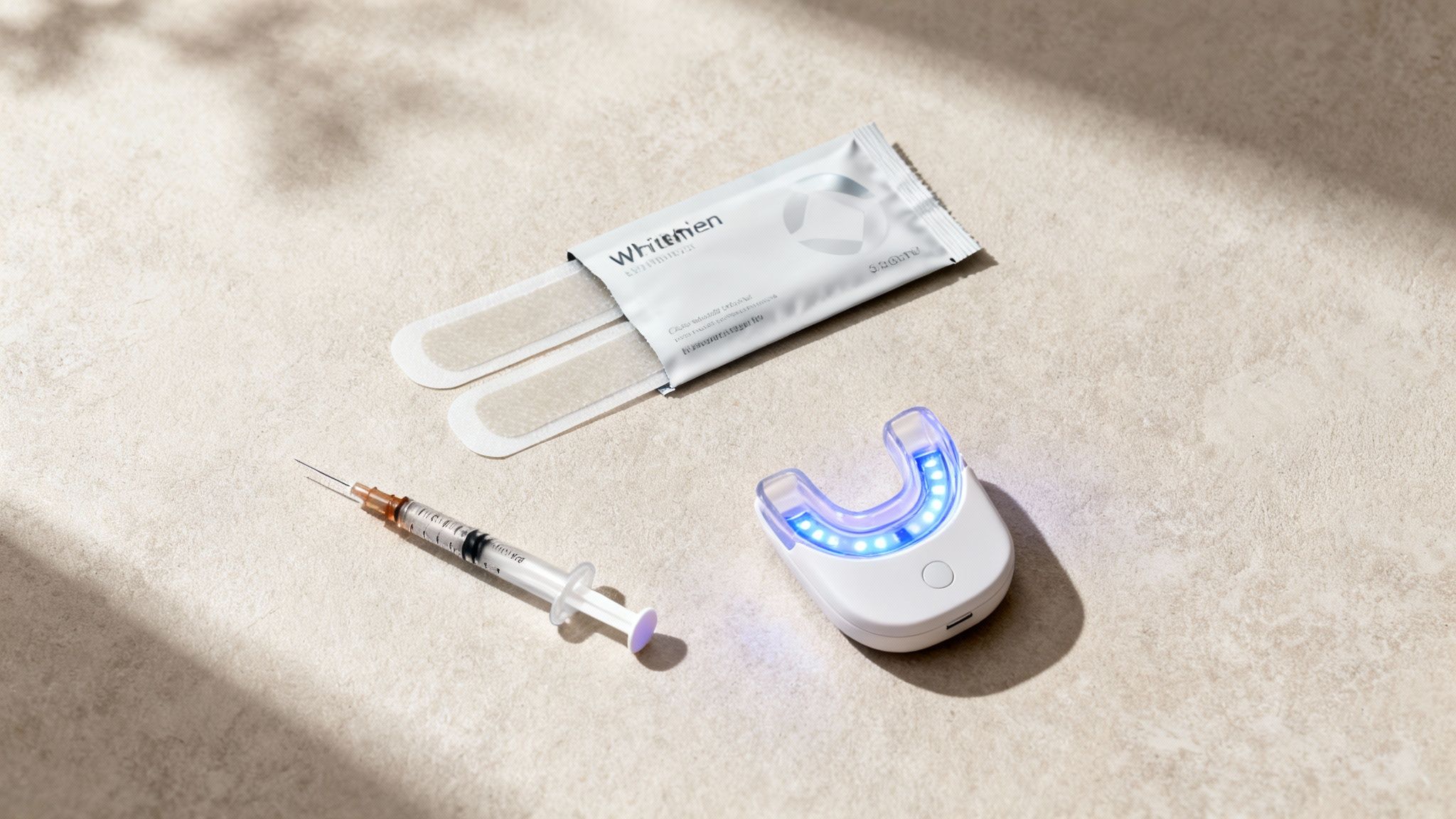 A person smiling while holding an at-home teeth whitening kit