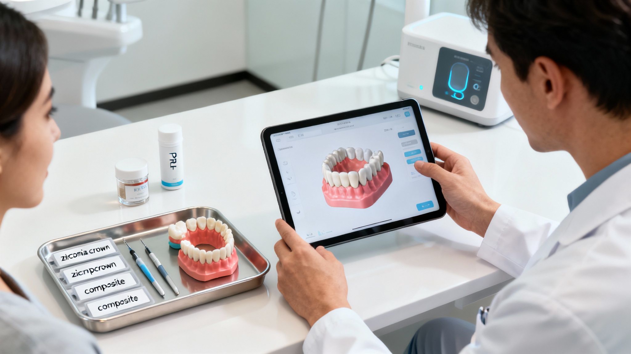 A dentist explaining treatment options to a patient, with diagrams of tooth anatomy visible on a screen.