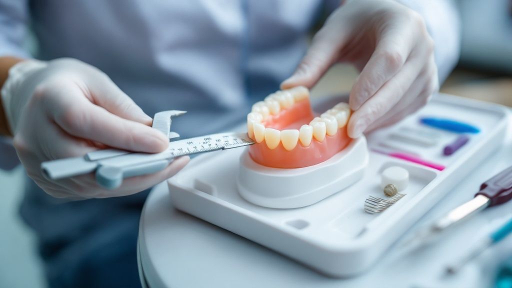 A dentist showing a patient different denture options in a modern dental clinic.