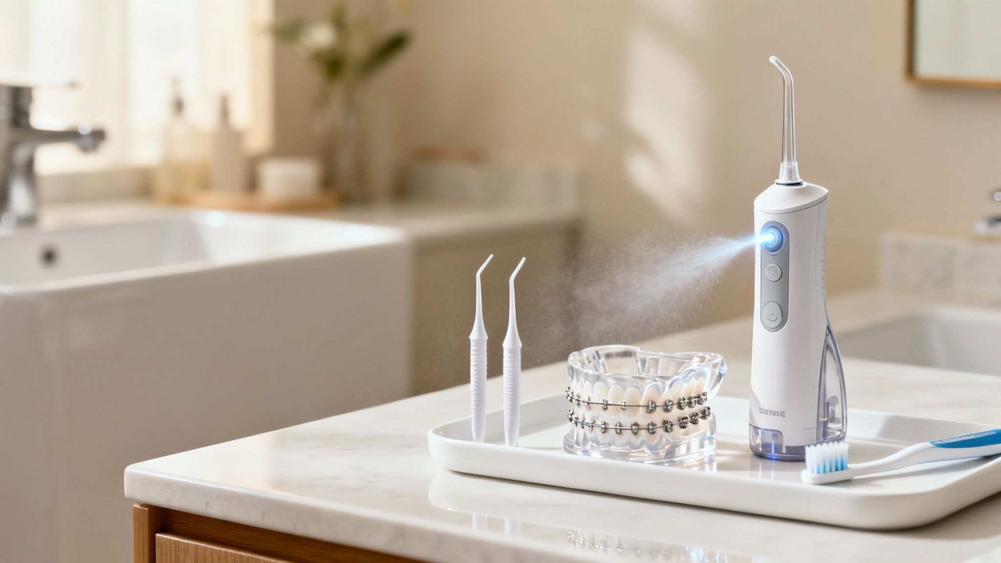 Water flosser spraying on bathroom counter with orthodontic braces retainer and replacement tips