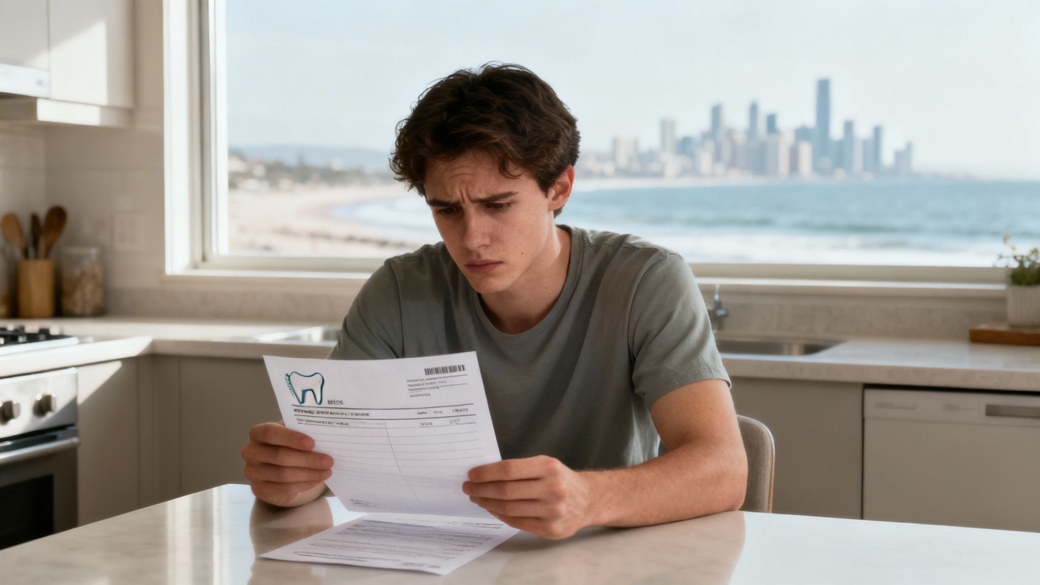 A worried young man reads an expensive dental bill at home with a city skyline view.