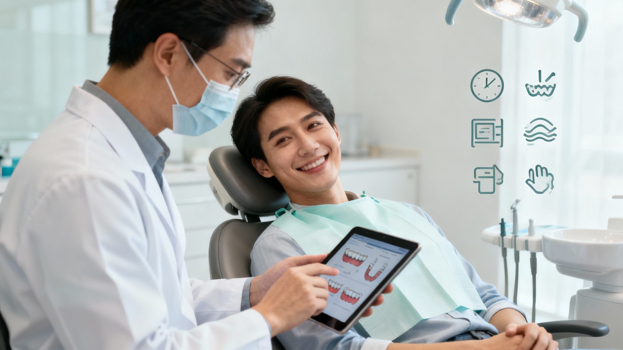 A relaxed patient during a dental procedure with a dentist and assistant nearby.
