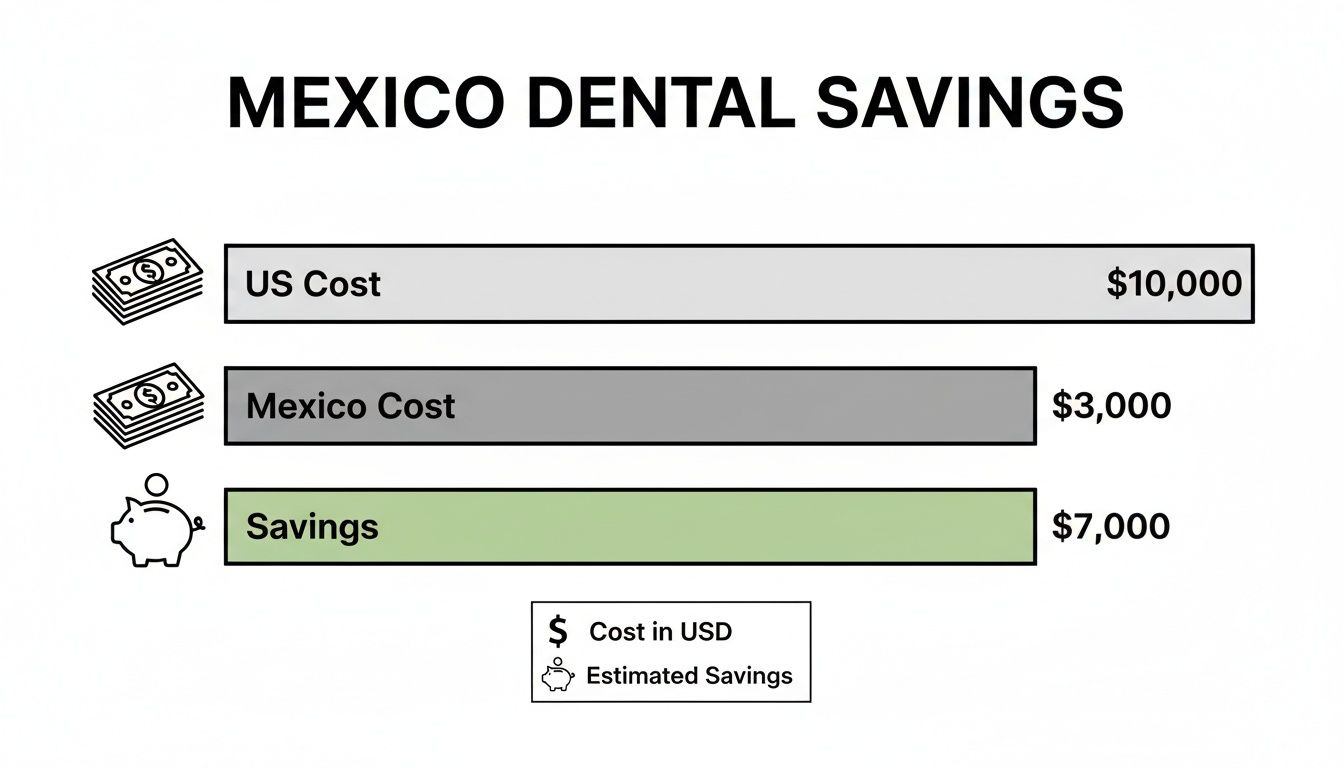 A bar chart illustrating significant dental cost savings in Mexico compared to the US.