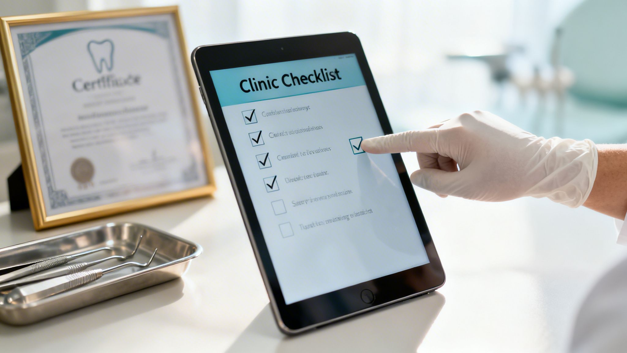A gloved hand checks off items on a 'Clinic Checklist' displayed on a tablet in a dental office.