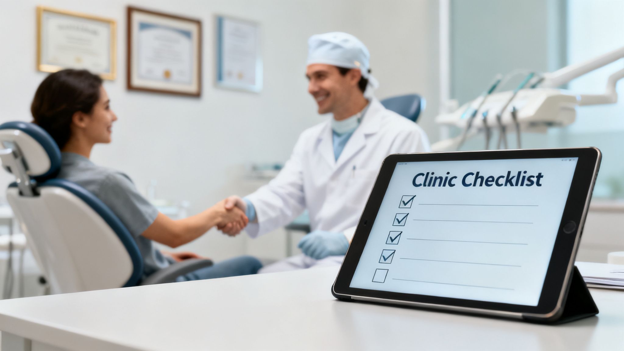 Dentist and patient shaking hands in a modern dental clinic with a digital checklist on a tablet.