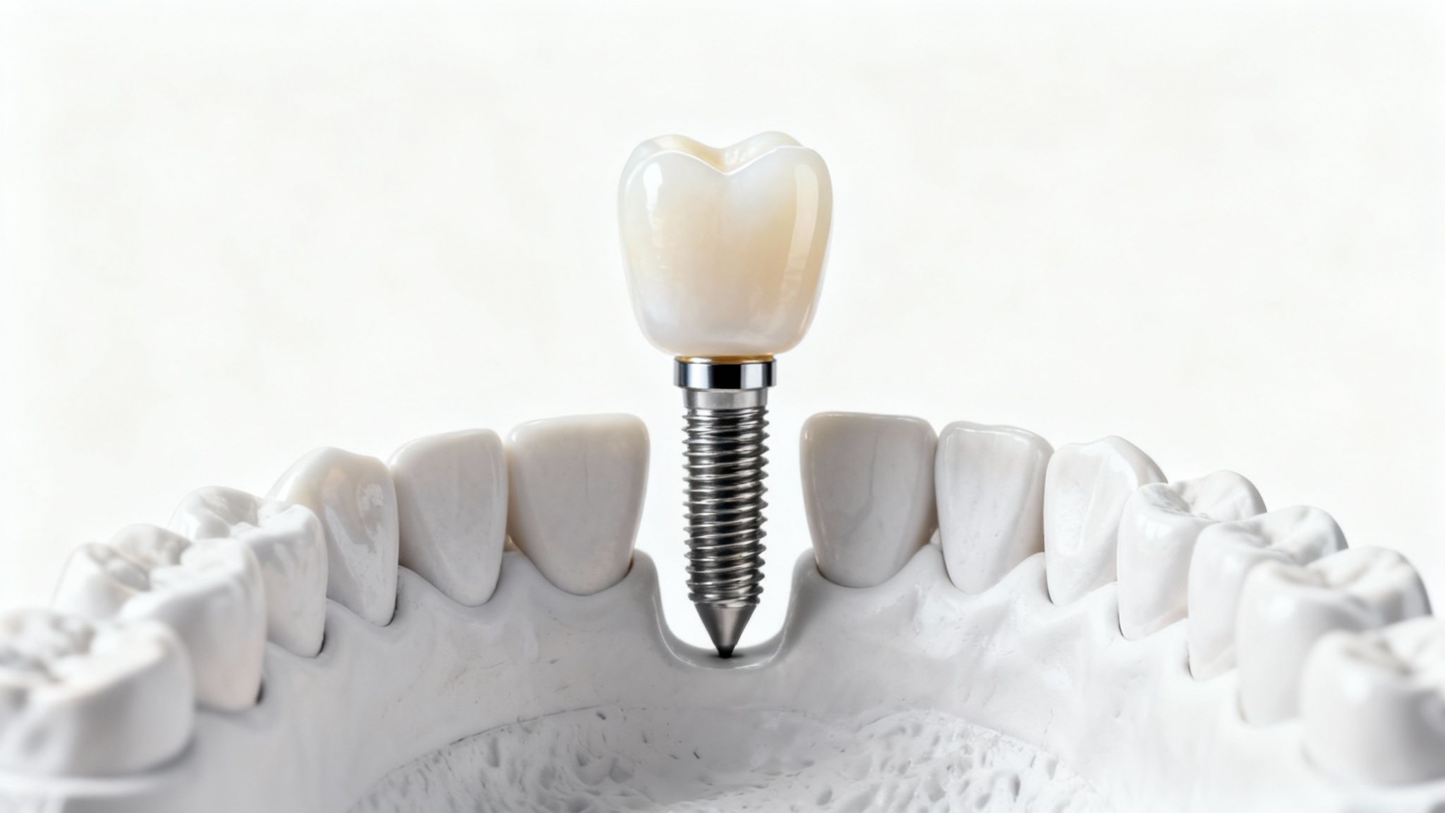 A ceramic crown and titanium dental implant positioned over a dental model, ready for placement.