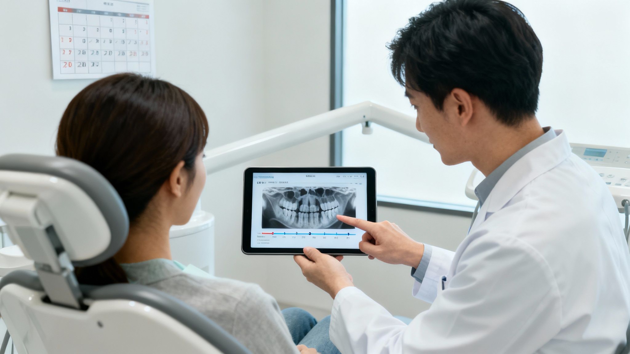 Dentist showing a patient their dental x-ray results on a tablet