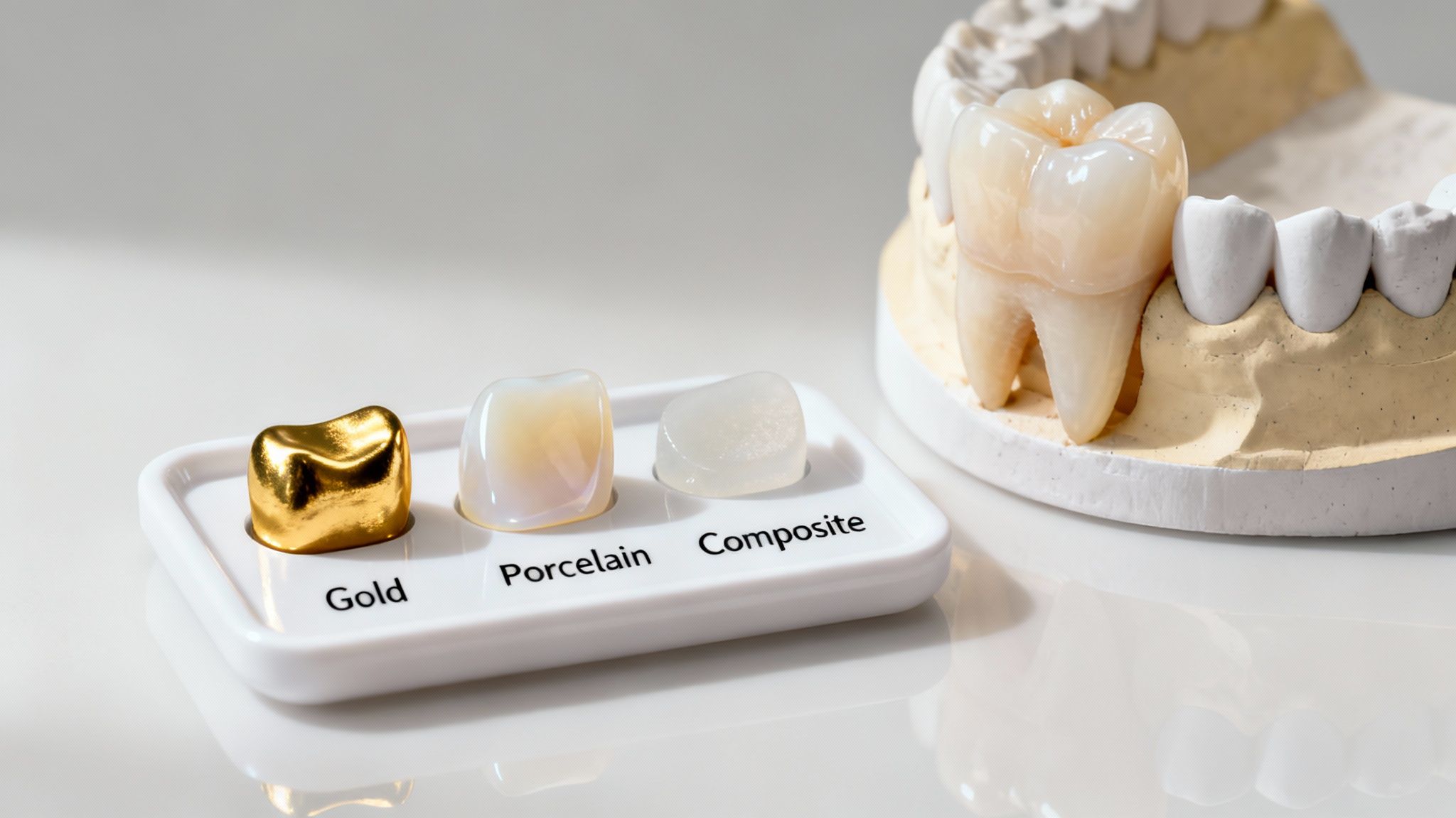 Close-up of different dental crown materials like gold, porcelain, and composite on a tray next to a dental model.