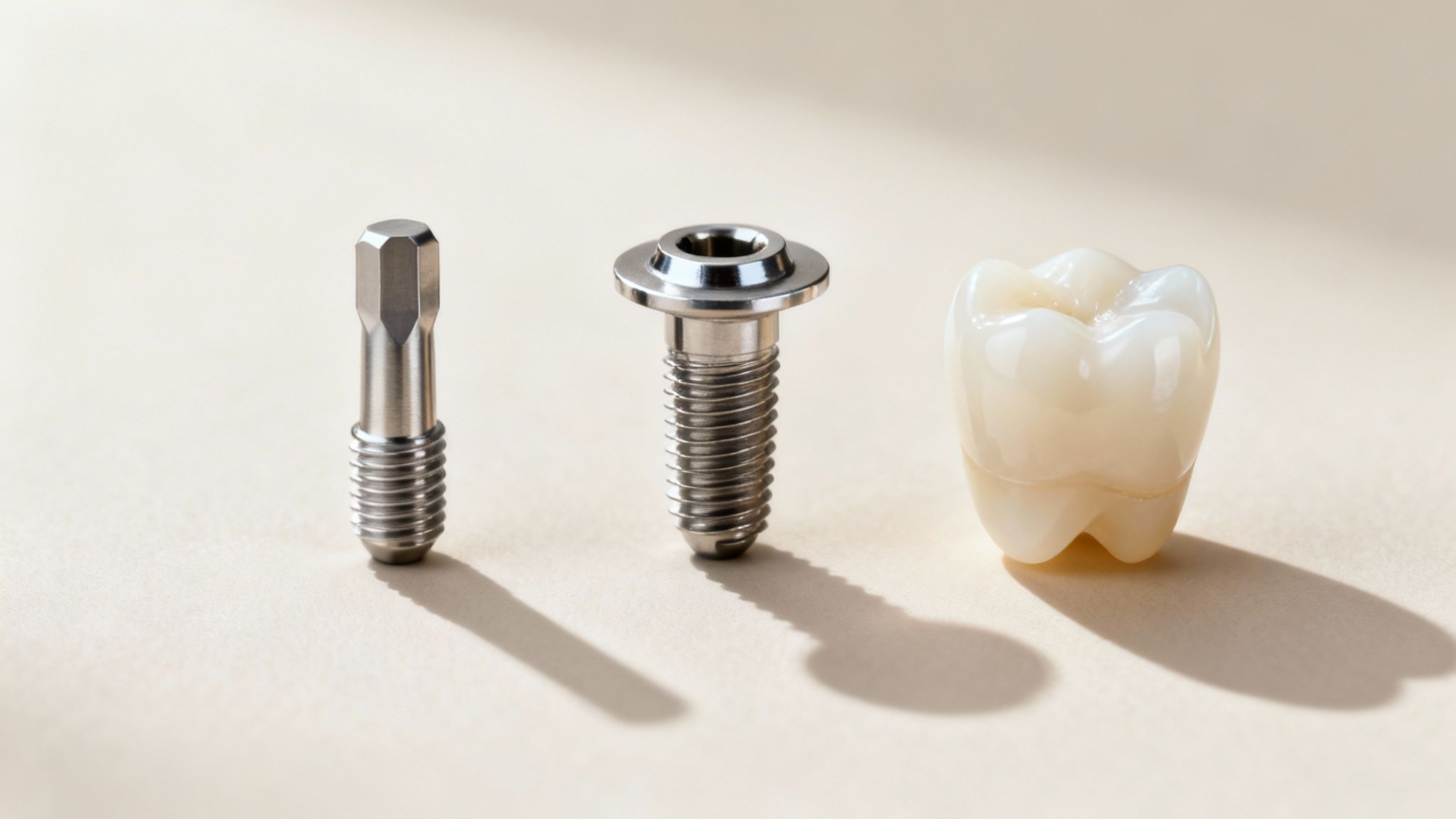 Three components of a dental implant: titanium post, abutment, and crown, shown in a diagram.
