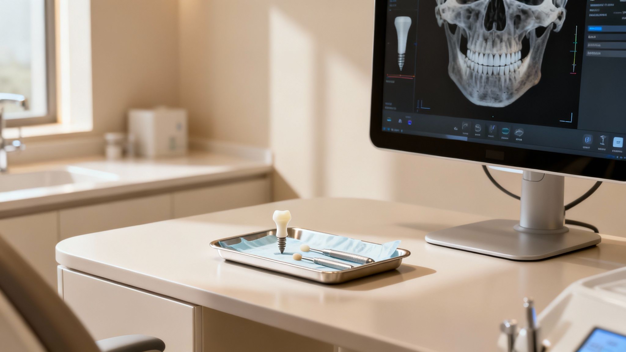 Modern dental office with a monitor showing a 3D skull and implant, alongside dental tools.