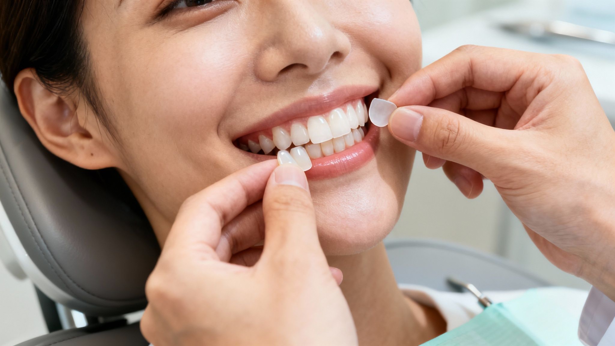 Dentist holding dental veneers near a happy patient's bright white teeth during a consultation.