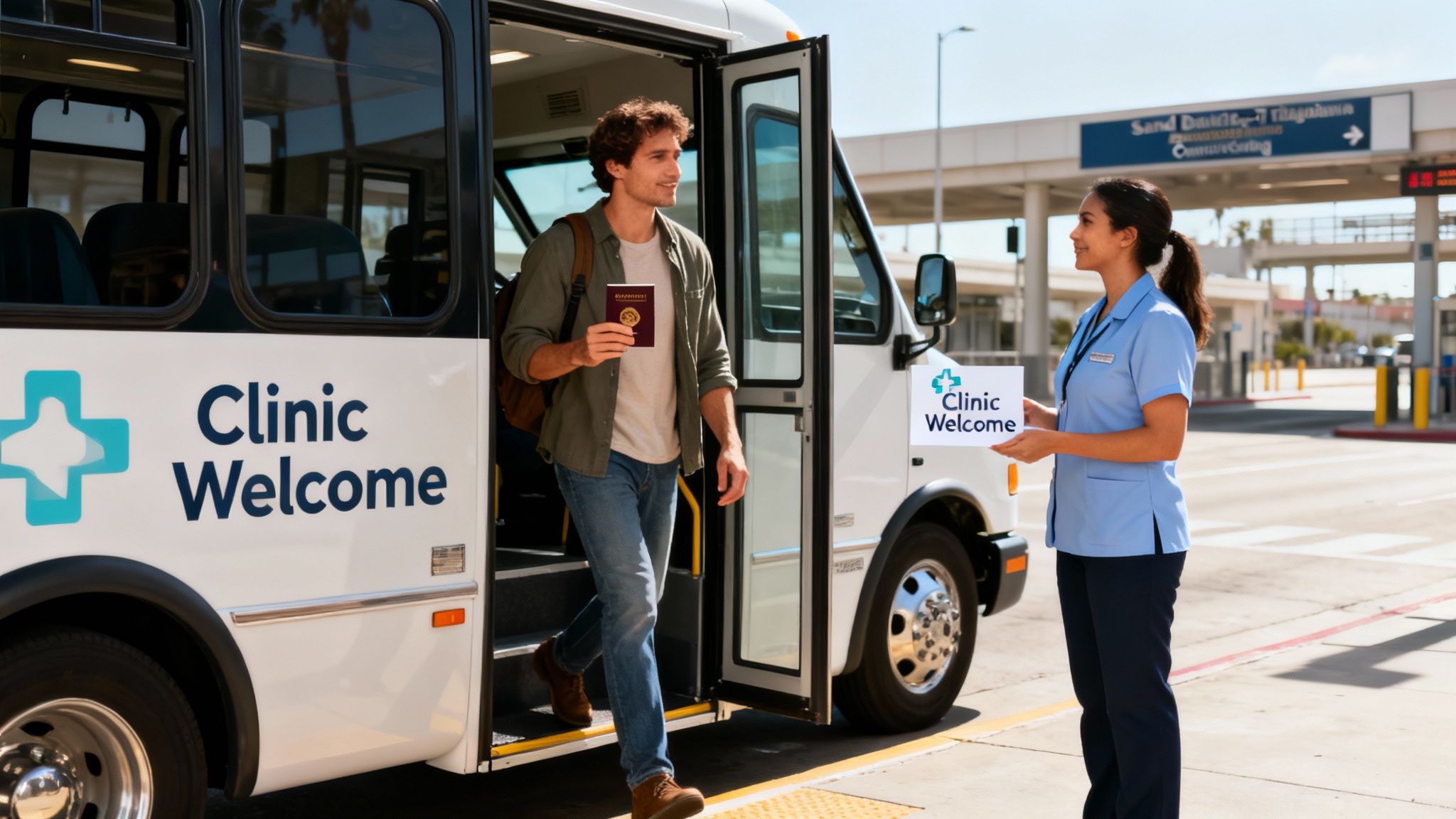 A man with a passport exits a "Clinic Welcome" bus, greeted by a healthcare professional holding a welcome sign.