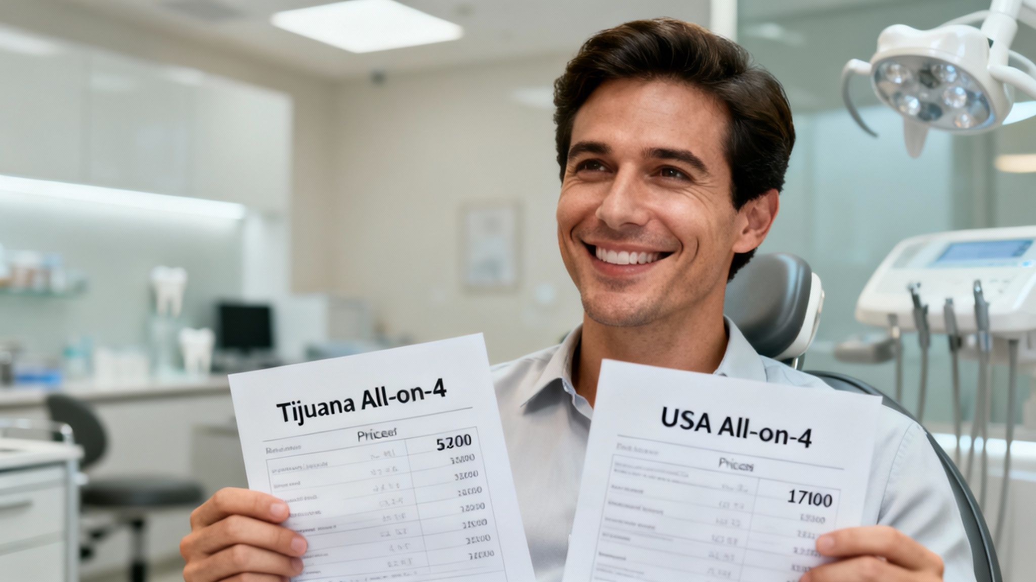 Smiling man comparing Tijuana and USA All-on-4 dental implant prices in a modern dental office.