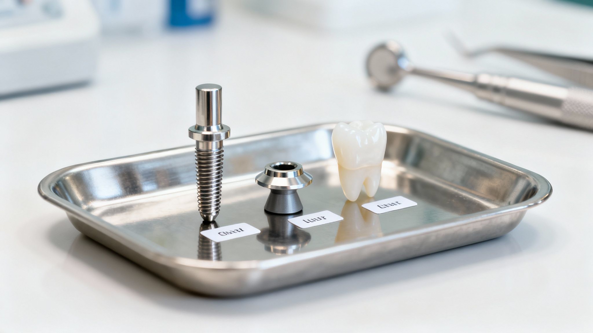 Dental implant components, including a screw, abutment, and tooth model, displayed on a sterile metal tray.
