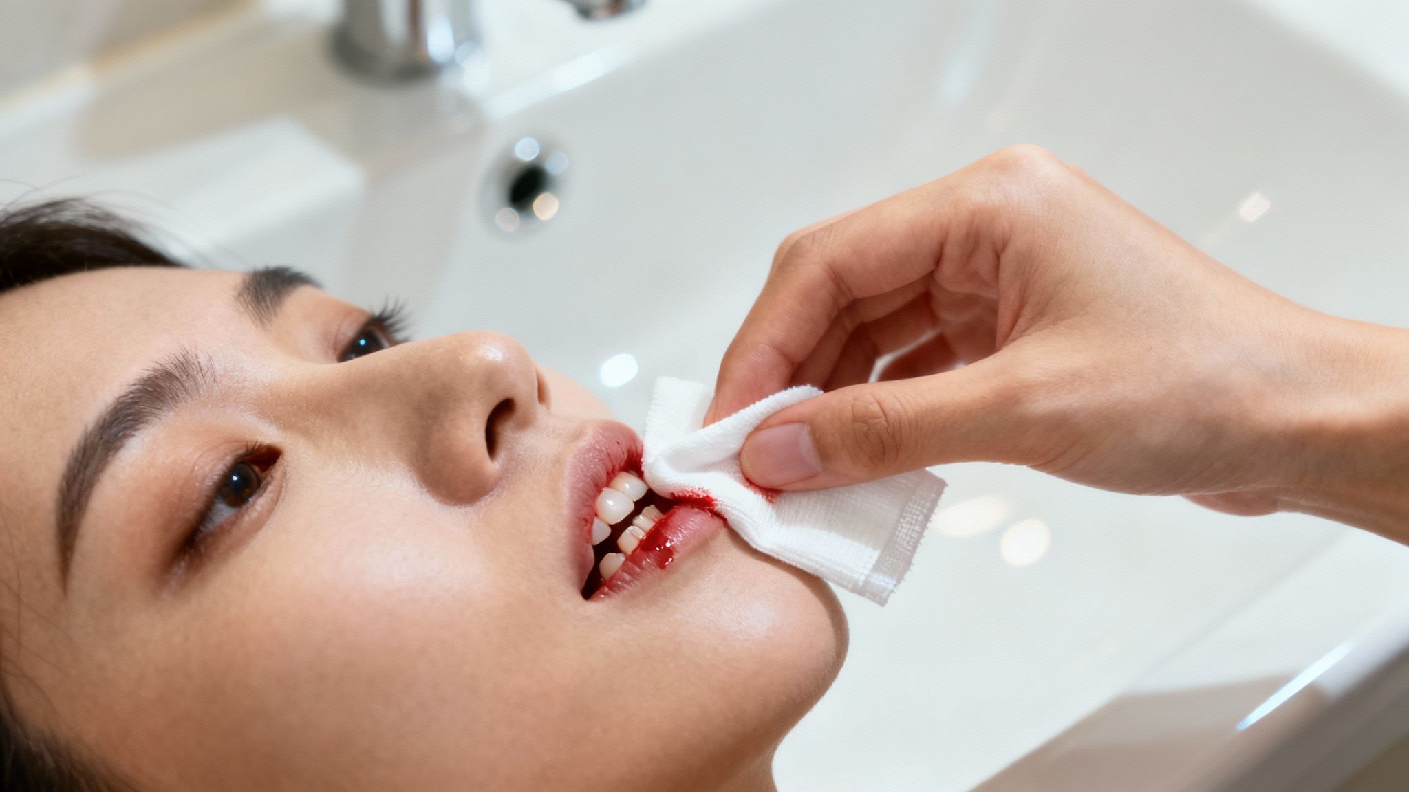 Person pressing white gauze on bleeding gums while lying down in bathroom