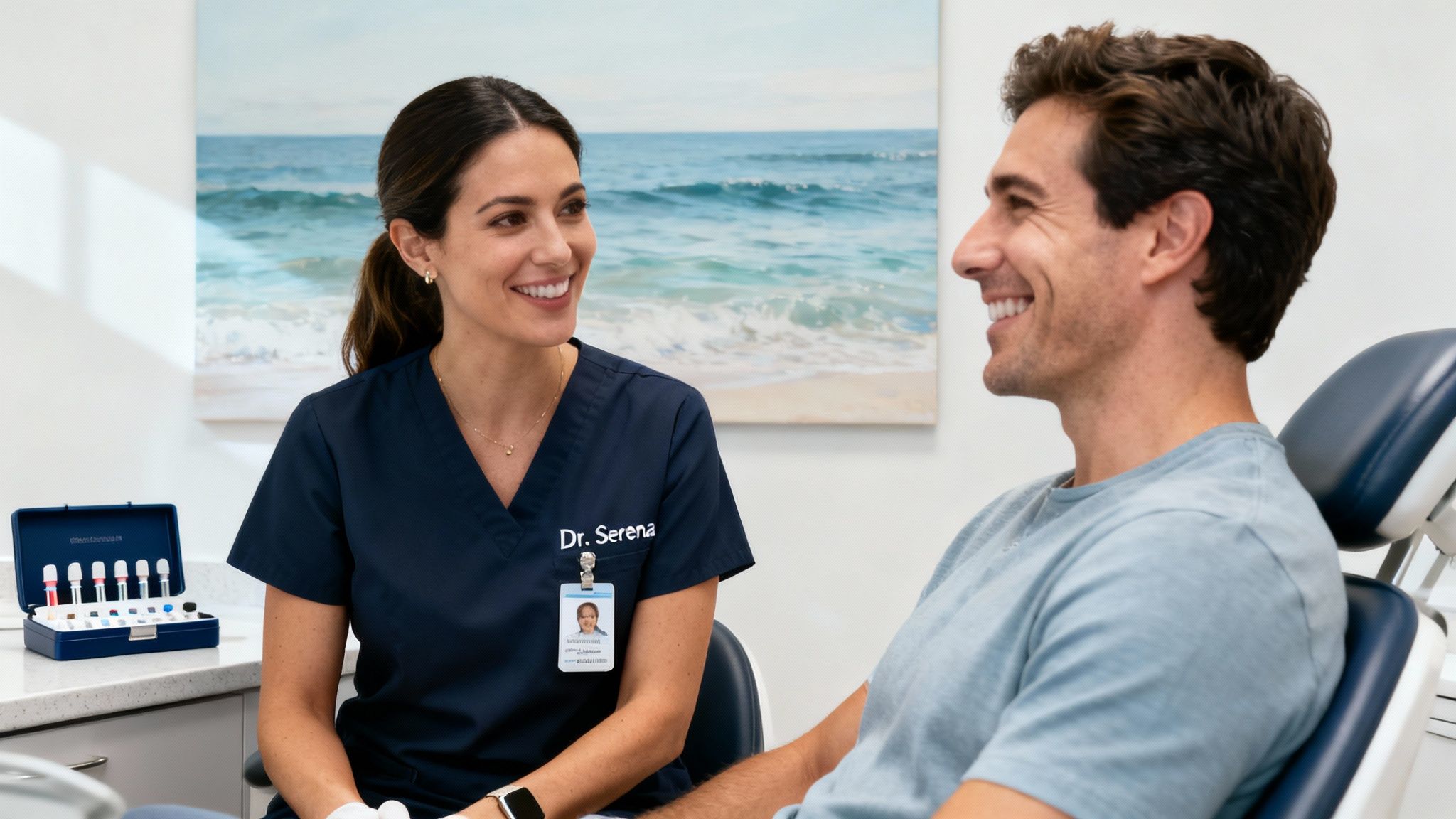 Smiling dentist in scrubs talking to a male patient in a modern dental office.