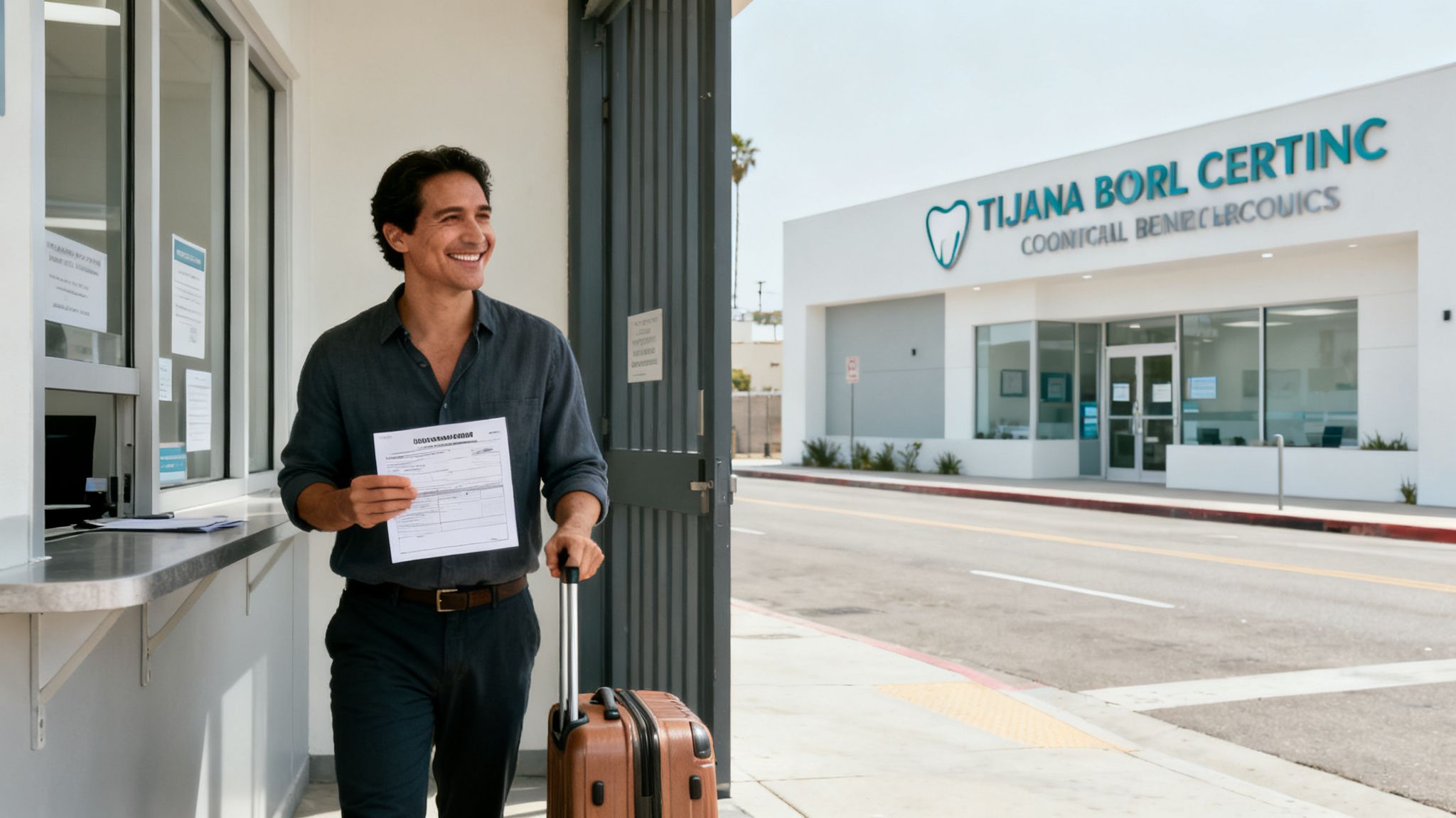 A man happily exits a Tijuana dental clinic holding paperwork and a brown suitcase.