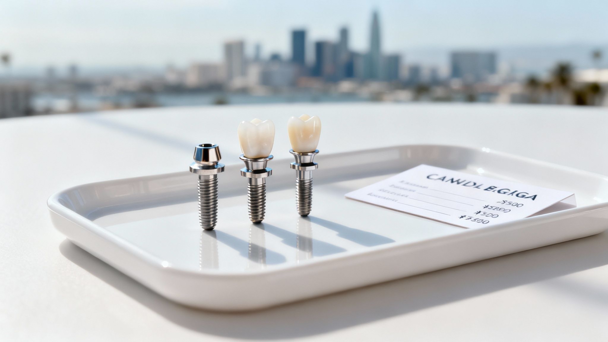 Three dental implants, including two with crowns, displayed on a tray with a price list and city skyline.