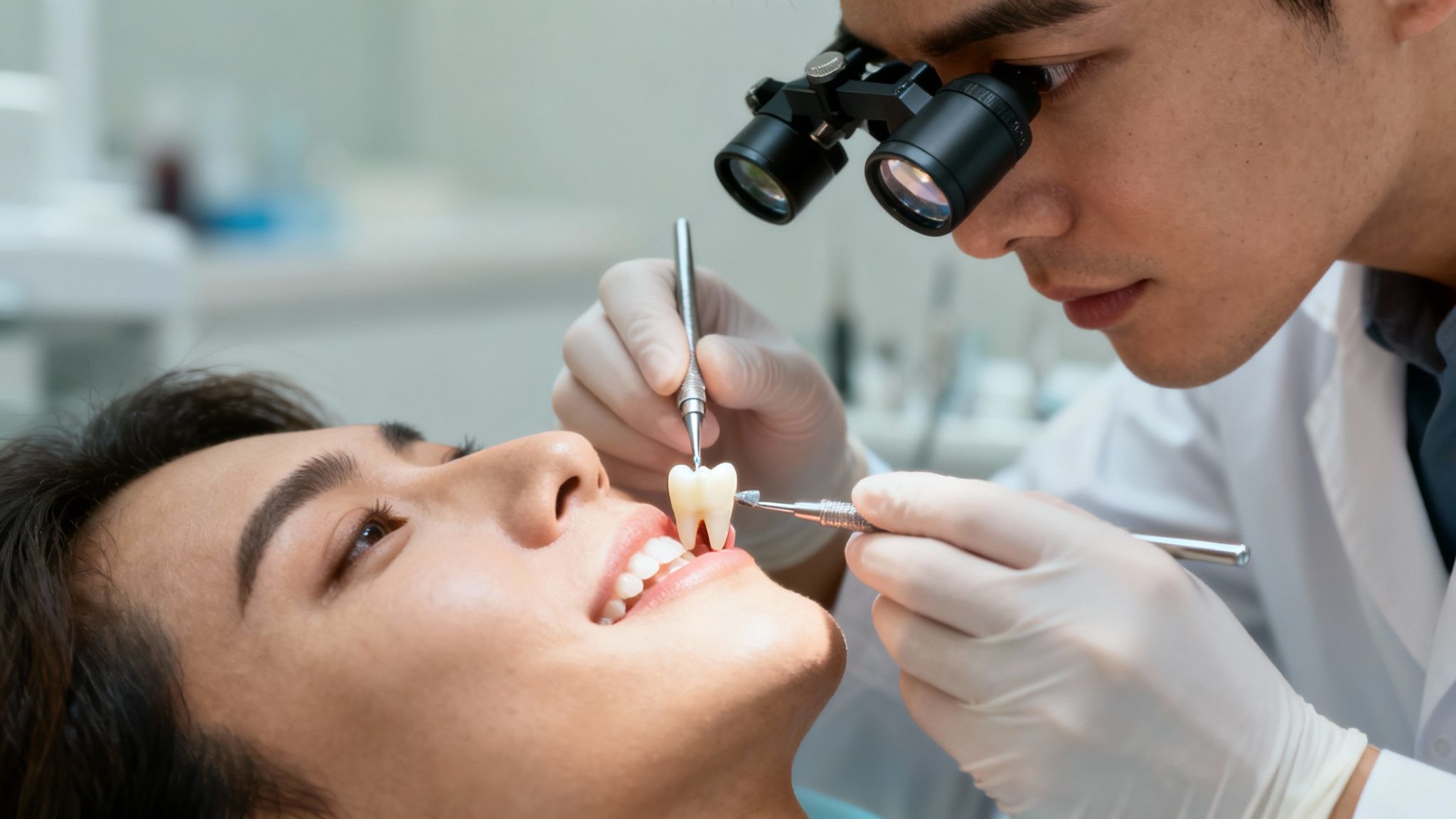 A female patient smiling confidently in a modern dental clinic setting.