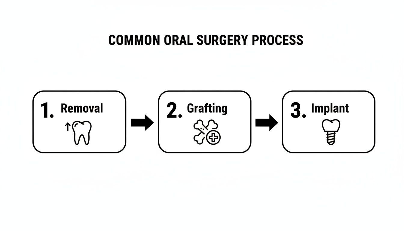 Step-by-step diagram of common oral surgery: tooth extraction, bone graft, and implant placement.