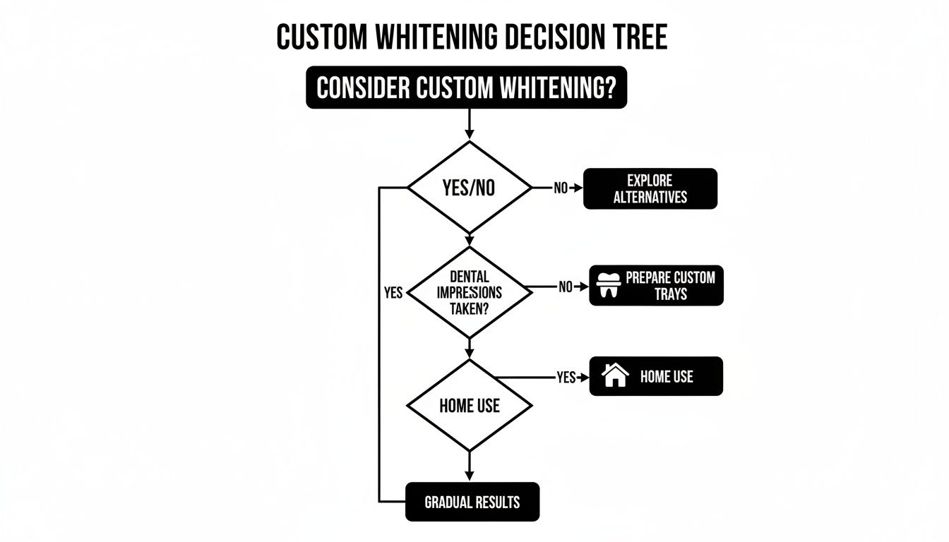 A decision tree flowchart outlining the steps and options for custom teeth whitening.