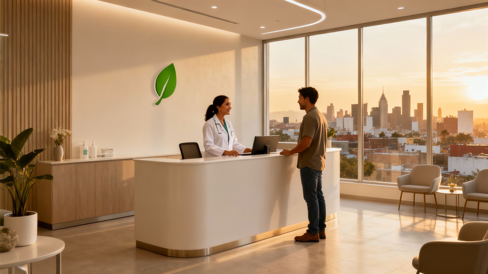 A dentist explaining a dental procedure to a patient in a modern Tijuana clinic.
