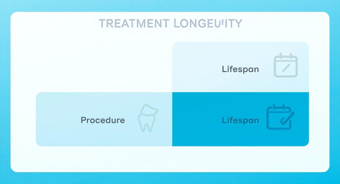 Infographic data chart showing the longevity of different dental procedures, including root canals and crowns.